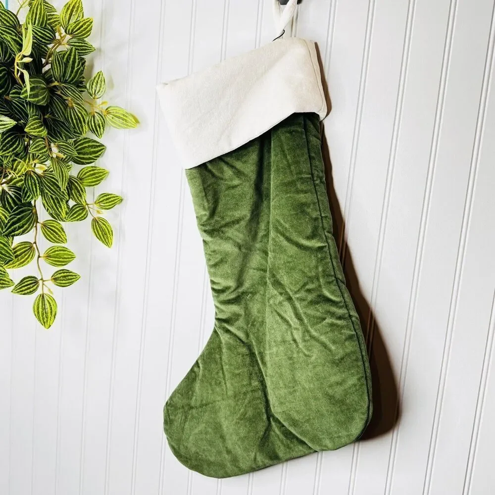 West Elm SOPHIA Oversized Christmas Stocking Green White Velvet Mono NWOT